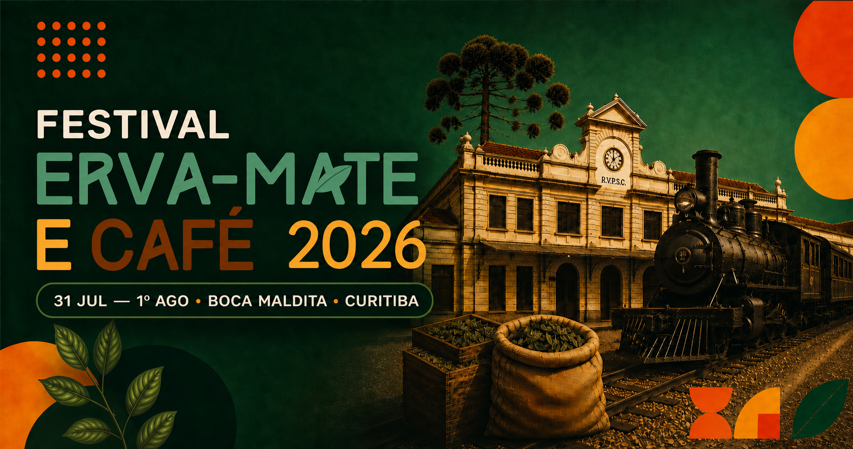 Festival Erva-Mate e Café, com ilustração de trem, erva-mate, café e paisagem de Curitiba