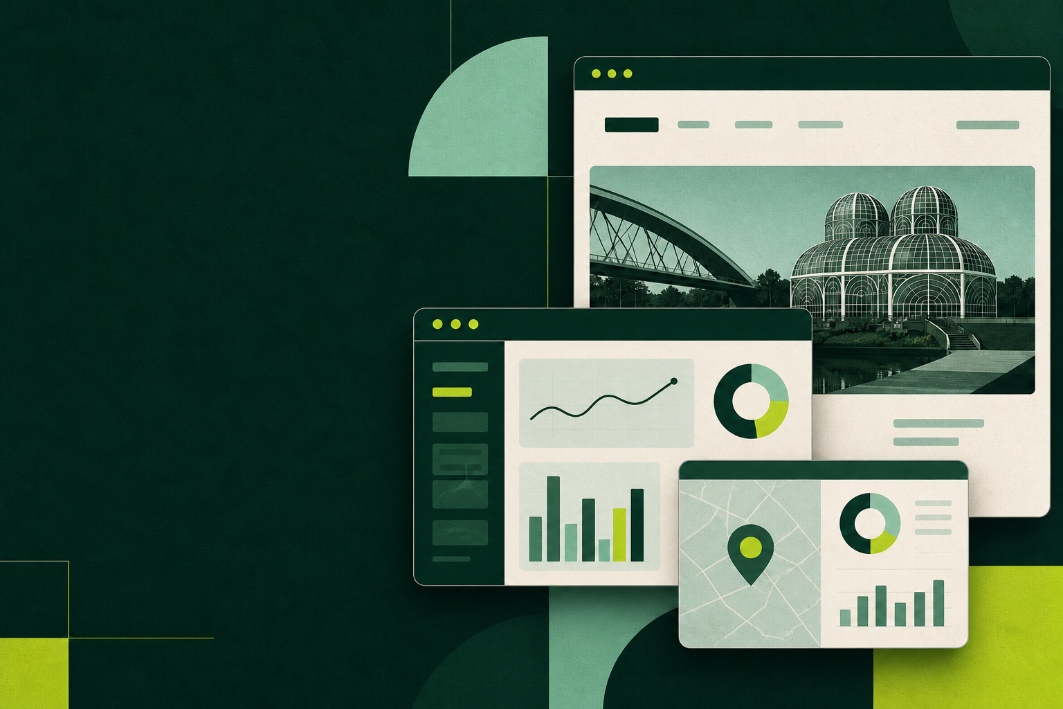 Montagem conceitual do Jardim Botânico de Curitiba com dashboards e visualizações de dados